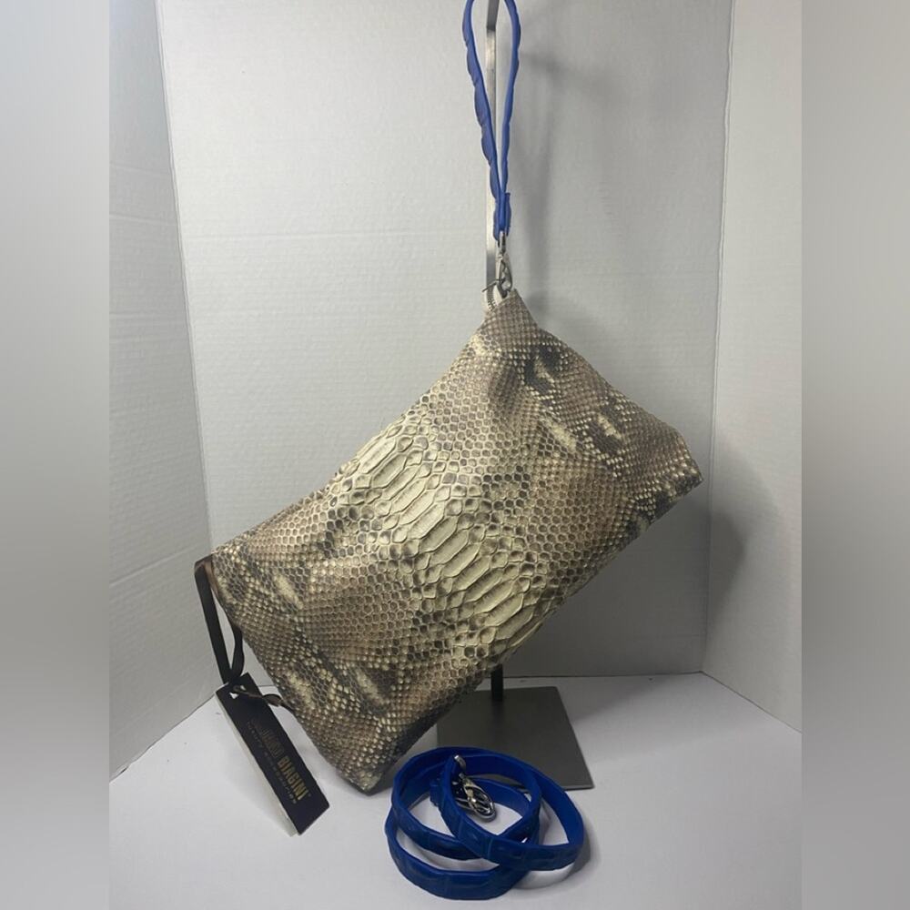 Silvano Biagini natural color python clutch /wristlet/ shoulder bag w/ blue trim